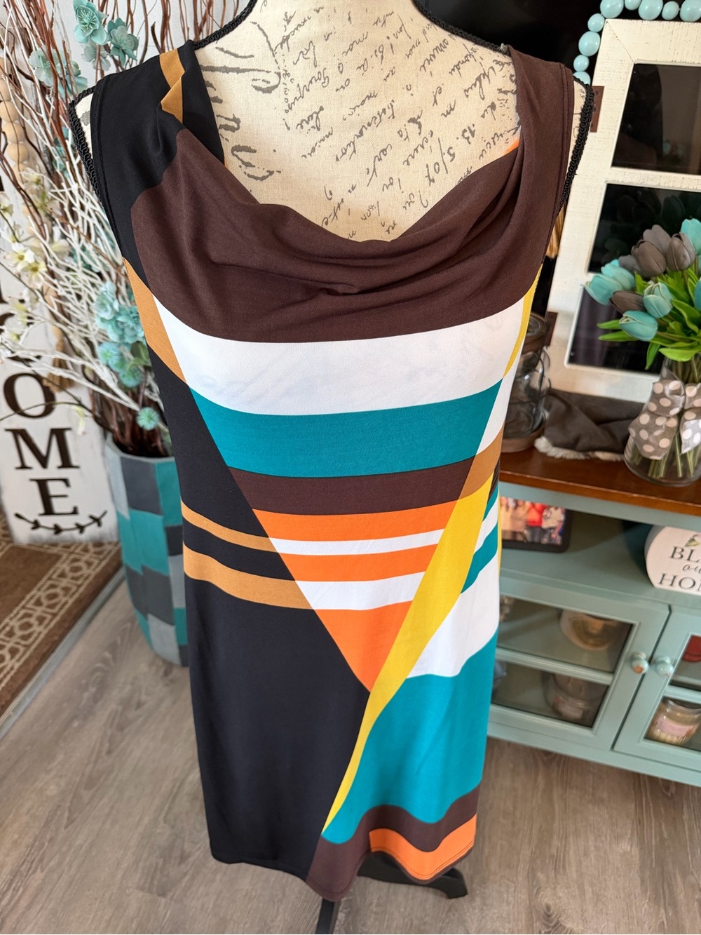 Sunny Leigh Sleeveless Midi Dress in Teal, Brown & Orange Small